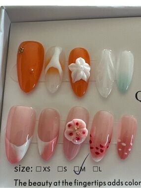 QINSINGE Studio 3D Floral Press On Nails Orange Pink Almond Reusable Size M